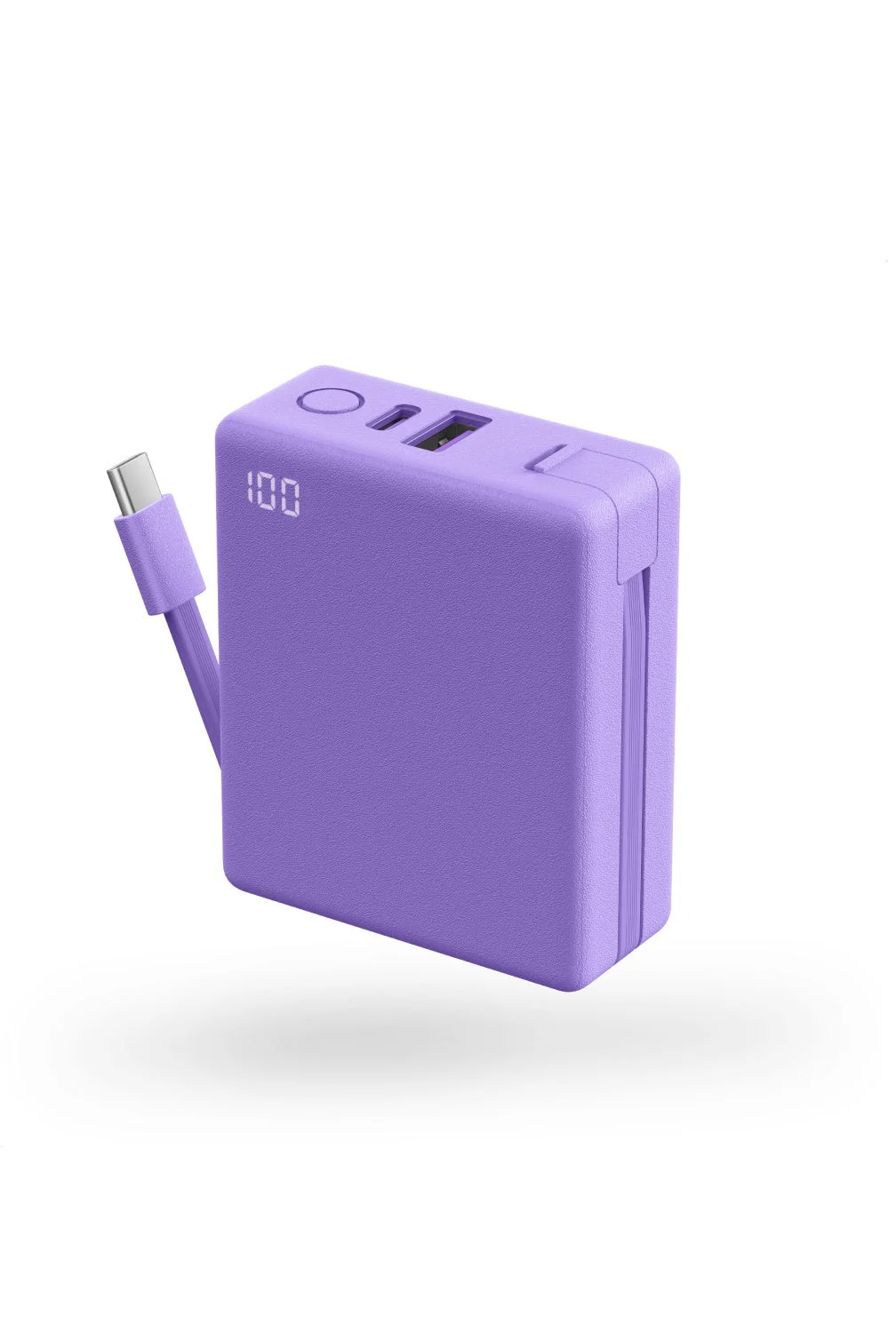 CIO Mate Powerbank003のポート面。USB-CとUSB-Aに加え、着脱式の内蔵USB-Cケーブルと残量LED表示を備える