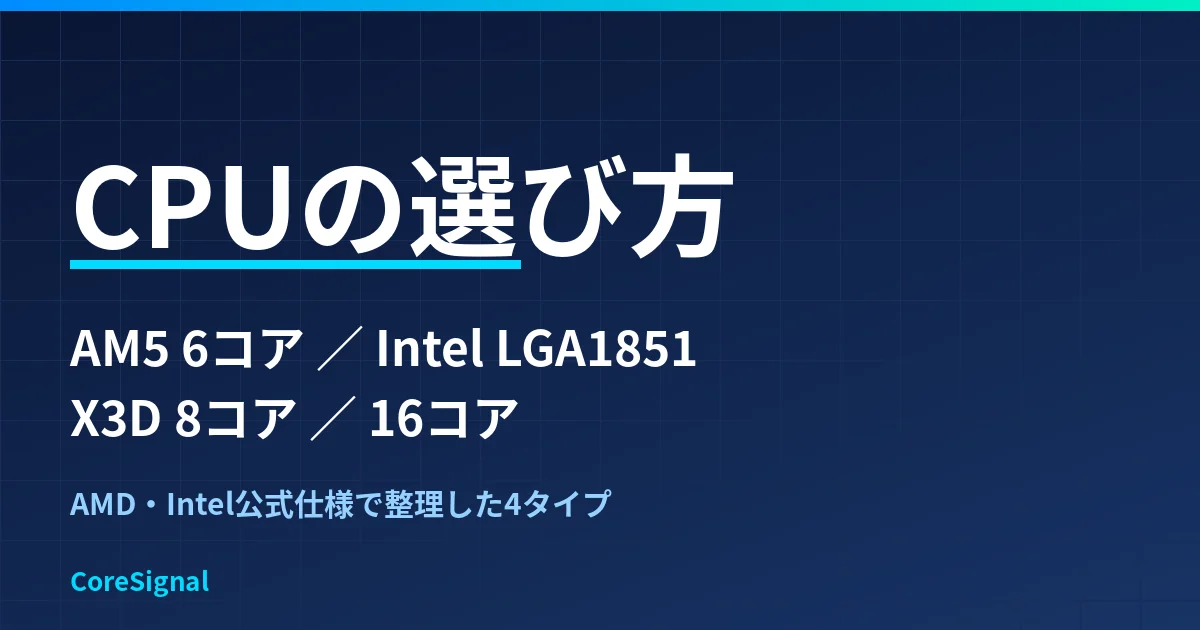 CPUの選び方｜AM5の6コア・Intel LGA1851・X3D 8コア・16コアの4タイプをAMD・Intel公式仕様で整理したのアイキャッチ画像