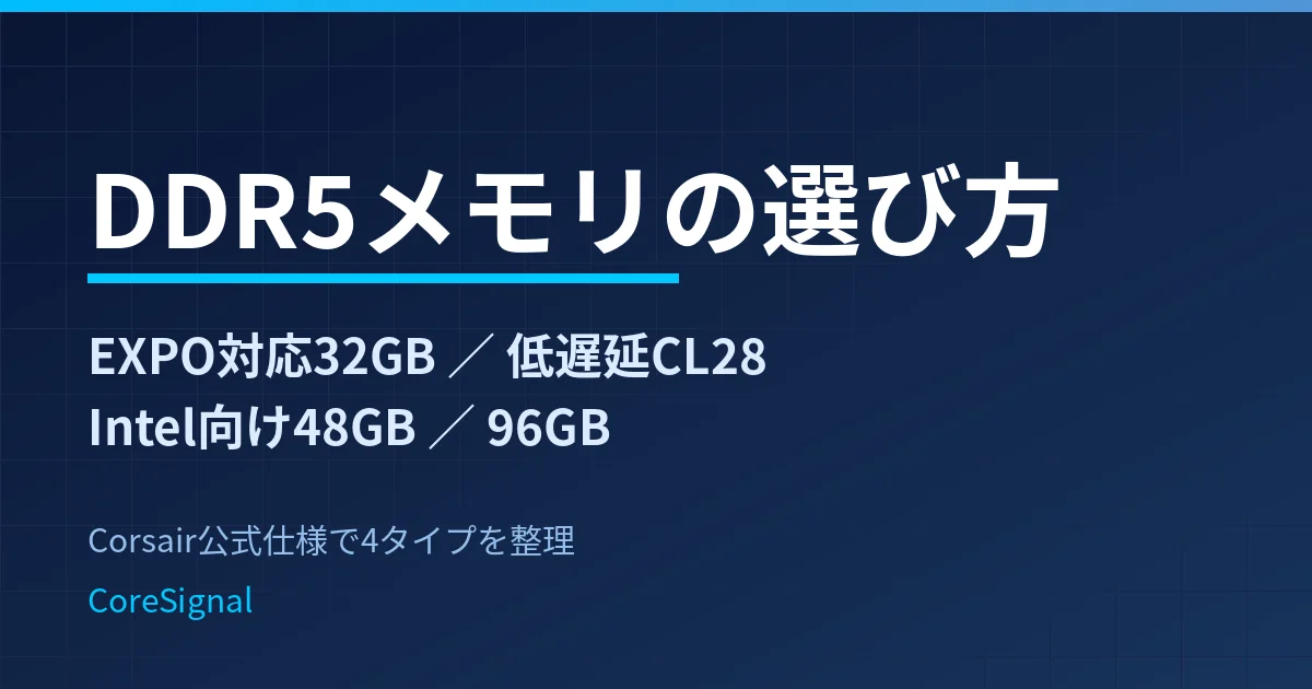 DDR5メモリの選び方｜AMD向けEXPO・低遅延CL28・Intel向け48GB・96GBの4タイプをCorsair公式仕様で整理したのアイキャッチ画像