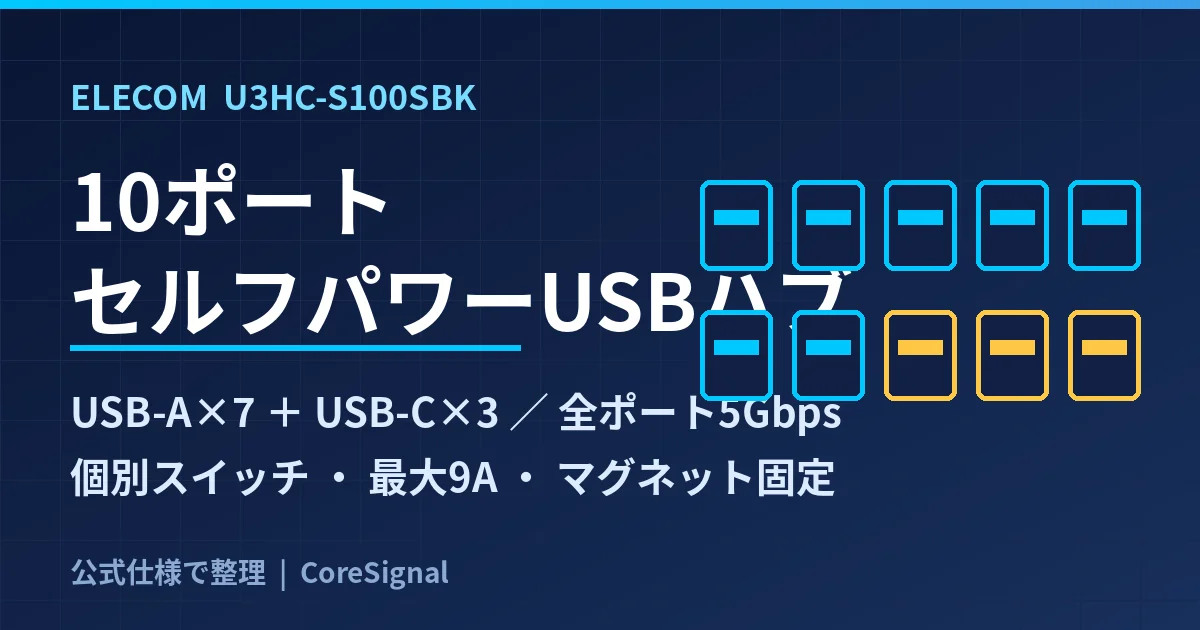 エレコムU3HC-S100SBKは10ポートを個別スイッチで制御するUSBハブ｜全ポート5Gbps・最大9A・マグネット固定の仕様を整理したのアイキャッチ画像