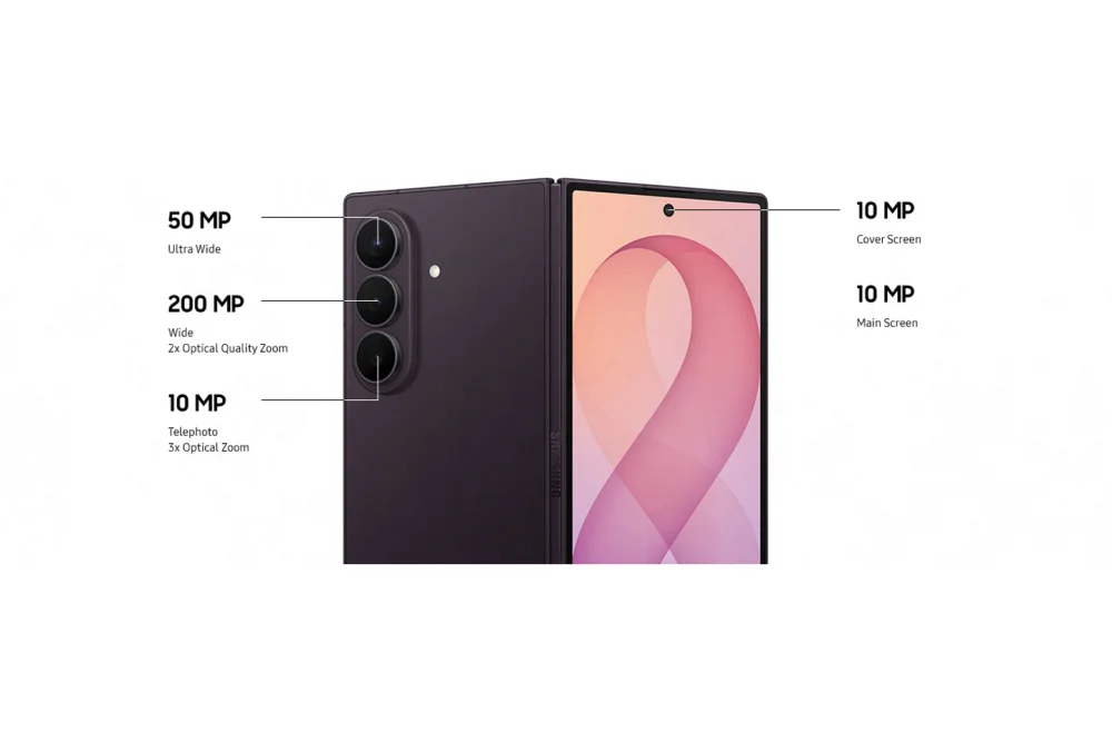 Galaxy Z Fold8 Ultraのカメラ構成。超広角50MP、広角200MP(2倍光学品質ズーム)、望遠10MP(3倍光学ズーム)、カバー画面10MP、メイン画面10MP