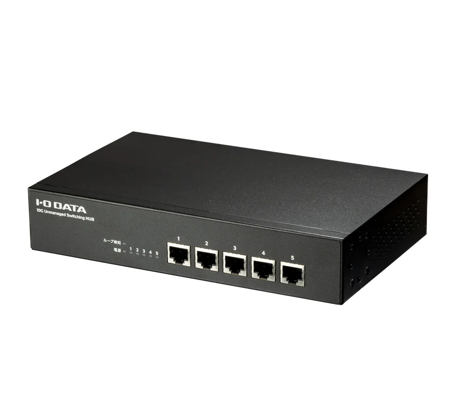BSH-XG05の外観。前面にRJ-45が5ポート並び、左側にループ検知と電源のLEDが配置される