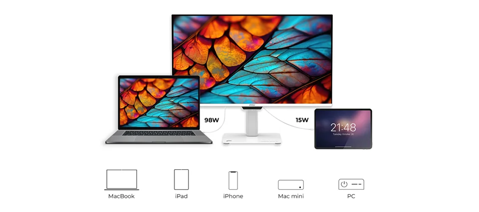PRO MAX 271UPXW12GがノートPCに98W、タブレットに15Wを給電する接続イメージ
