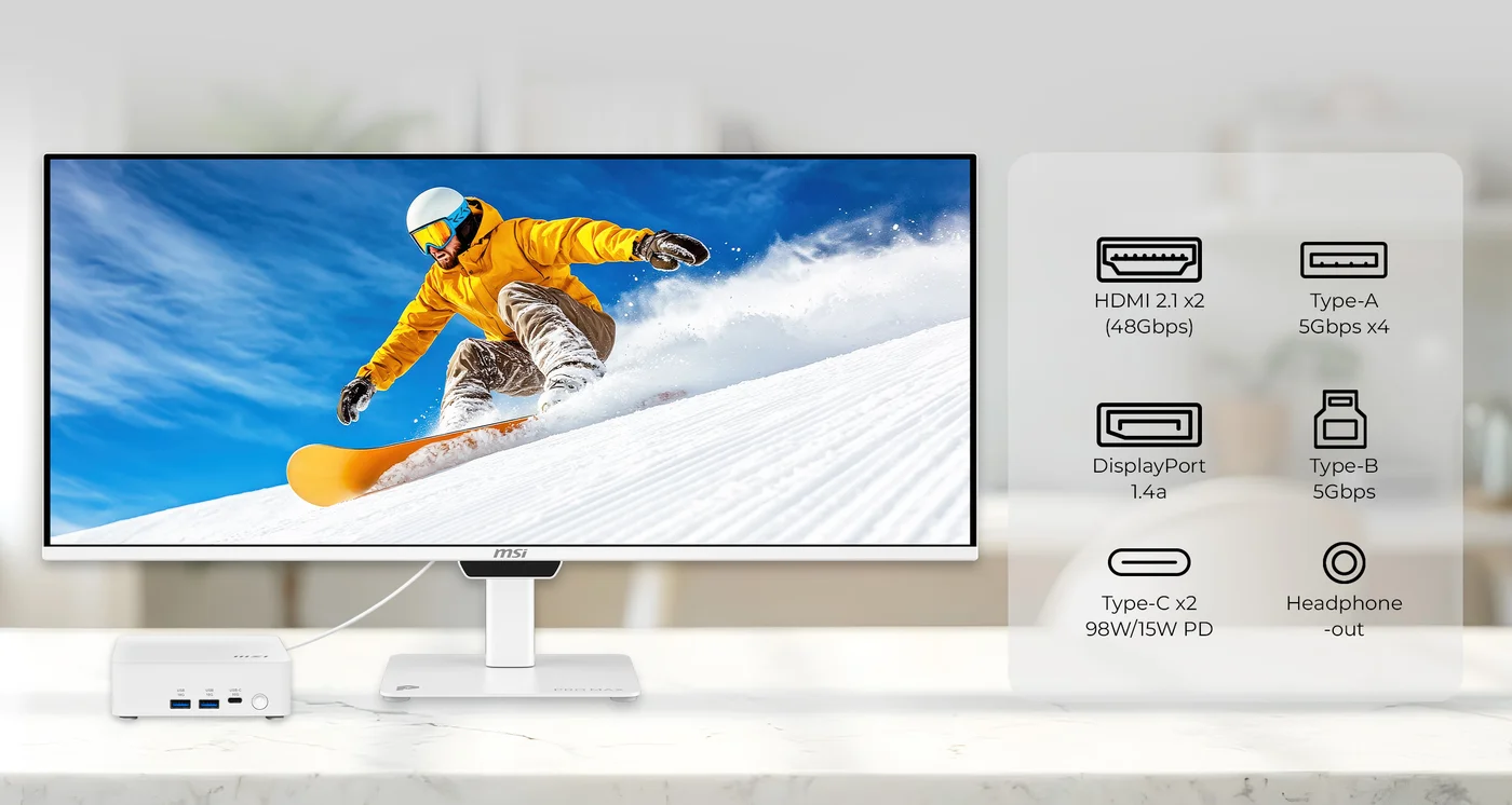 PRO MAX 341QPXW14GのI/O構成（HDMI 2.1×2、DisplayPort 1.4a、USB Type-C×2、USB Type-A×4、USB Type-B、ヘッドホン出力）