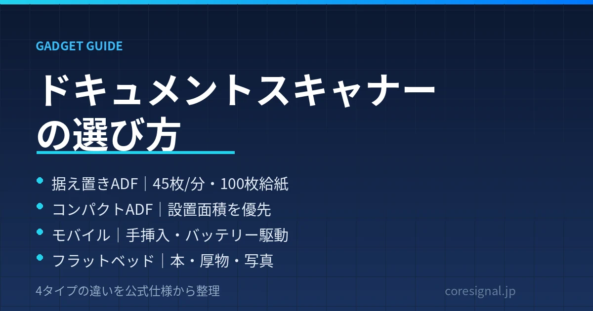 ドキュメントスキャナーの選び方｜据え置きADF・コンパクト・モバイル・フラットベッドの4タイプで整理したのアイキャッチ画像